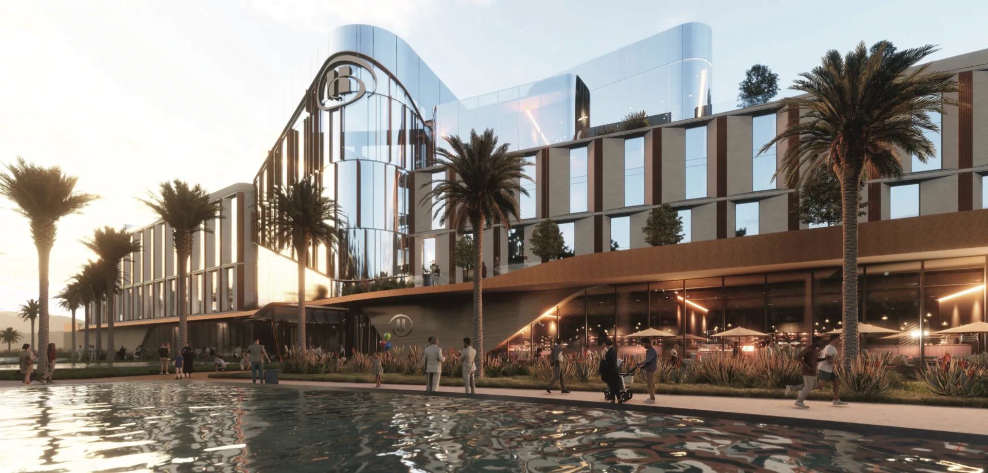 New Cairo Mixed-Use Development — hotel render at sunset