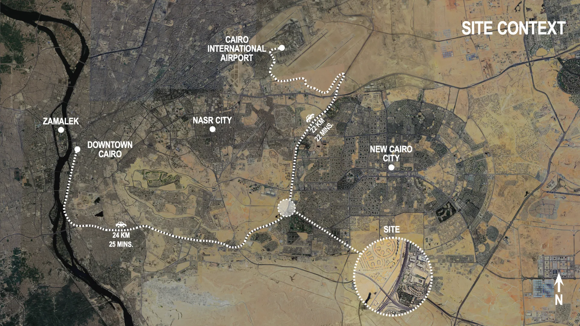 Site context — 22 minutes from Cairo International Airport, 25 minutes from Downtown Cairo