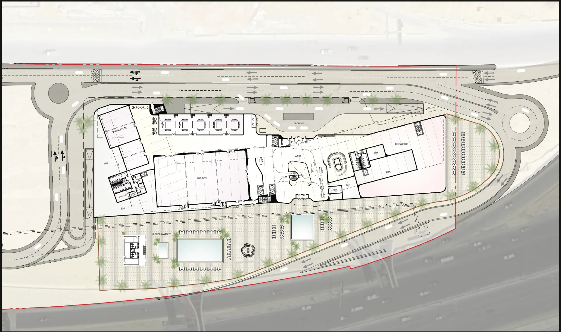 Ground floor master plan — ballroom, lobby, restaurant and outdoor amenity