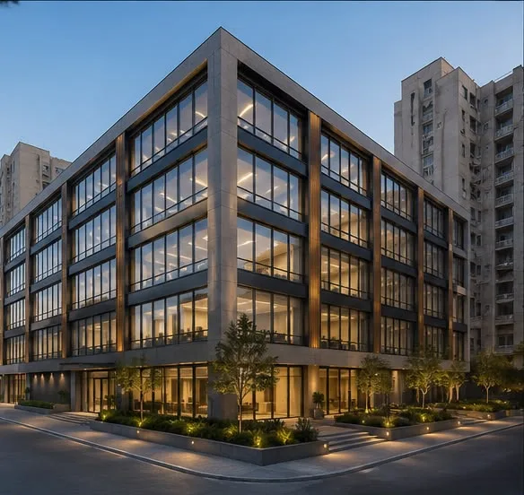 Alexandria Business Center — corner facade at dusk